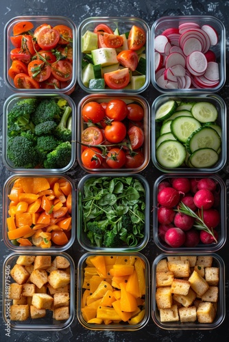 Assorted vegetables in plastic containers for weekly meal prep