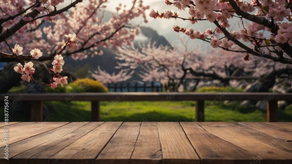 Podium Background for Product Display. Empty Wooden Table Top for Product Display Showcase Stage with Spring Cherry Blossom Background Podium Background for Product Display. Empty Wooden Table Top for Product Display Showcase Stage with Spring Cherry Blossom Background
