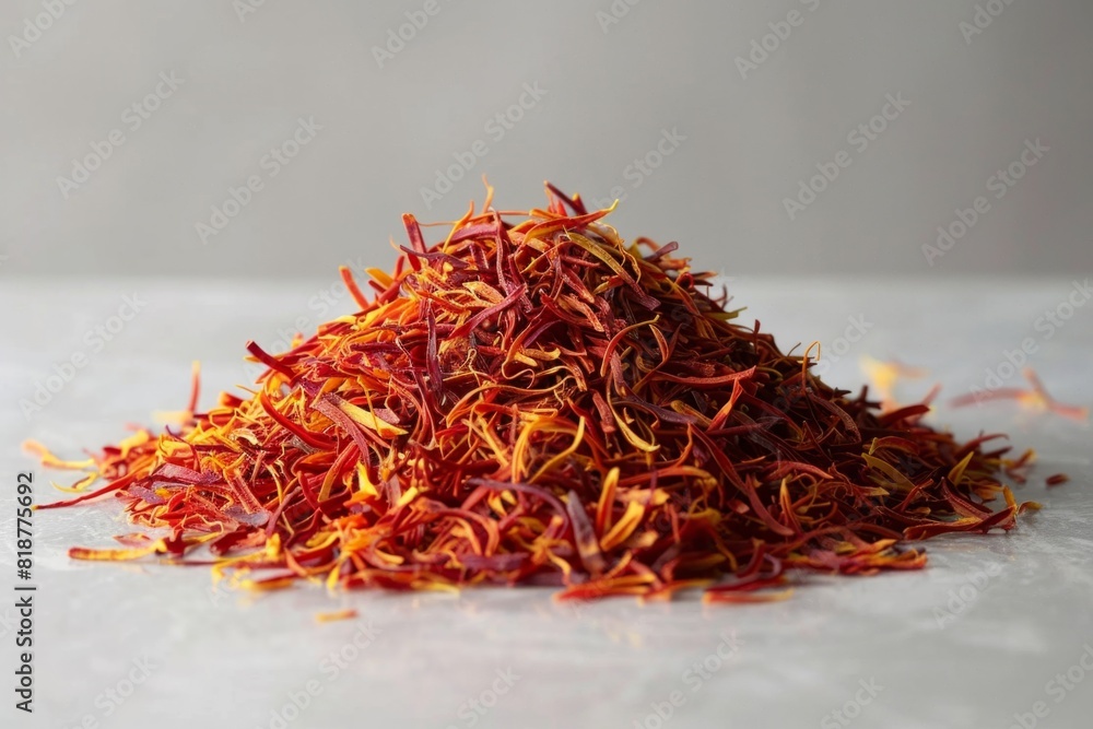 Fototapeta premium Saffron handful of seasoning on gray background