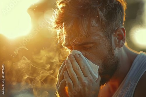 Man with a runny nose allergy blows nose in a handkerchief photo