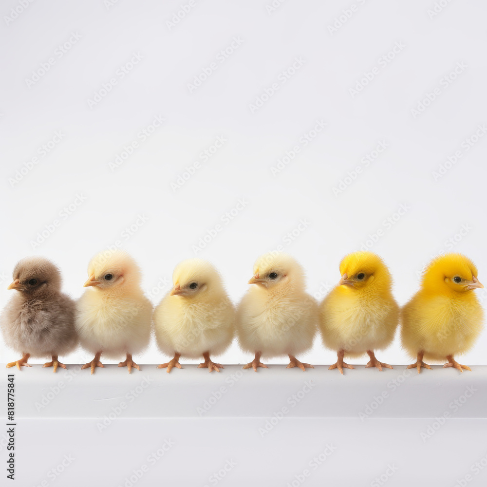 A row of baby chicks in various colors, including yellow, brown, and white. The chicks are standing on a white surface, and they are all facing the same direction A row of baby chicks in various colors, including yellow, brown, and white. The chicks are standing on a white surface, and they are all facing the same direction