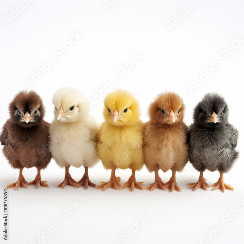 A row of five chicks standing next to each other. The chicks are of different colors, including brown, white, and yellow