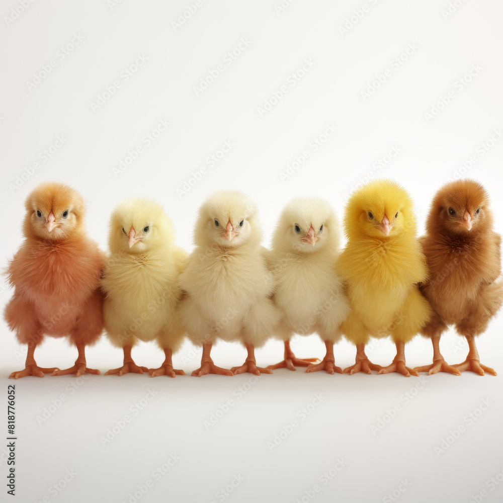 A row of baby chicks standing in a line. The chicks are of different colors, including yellow, brown, and white