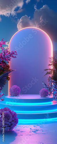 Futuristic neon archway with glowing steps and vibrant flowers set against a dreamy night sky. Perfect for modern, sci-fi, and fantasy themes. photo