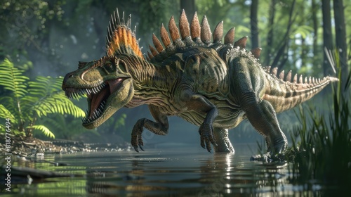 Fototapeta Naklejka Na Ścianę i Meble -   3D render animation of close up spinosaurus at a creek in the water in prehistoric setting, dinosaur concept.
