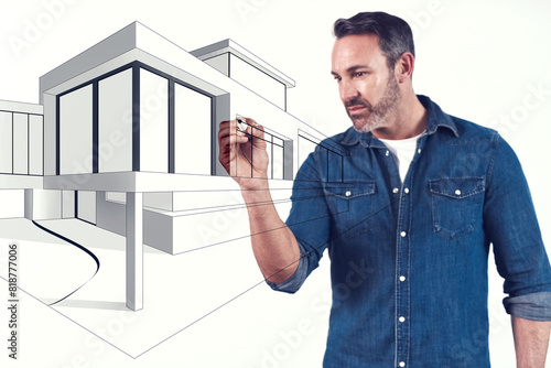 3d building, architect and design in studio with overlay, planning and house on white background. Male engineer, blueprint and sketch on home for real estate, development and illustration or creation photo