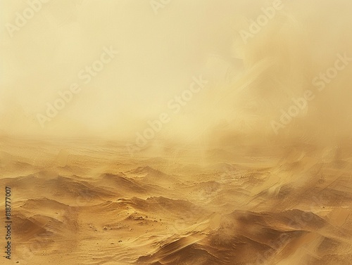 A closeup of a sandstorm in the desert, with swirling sand particles and a distant view of sand dunes barely visible through the haze Realism, Digital painting, Muted colors