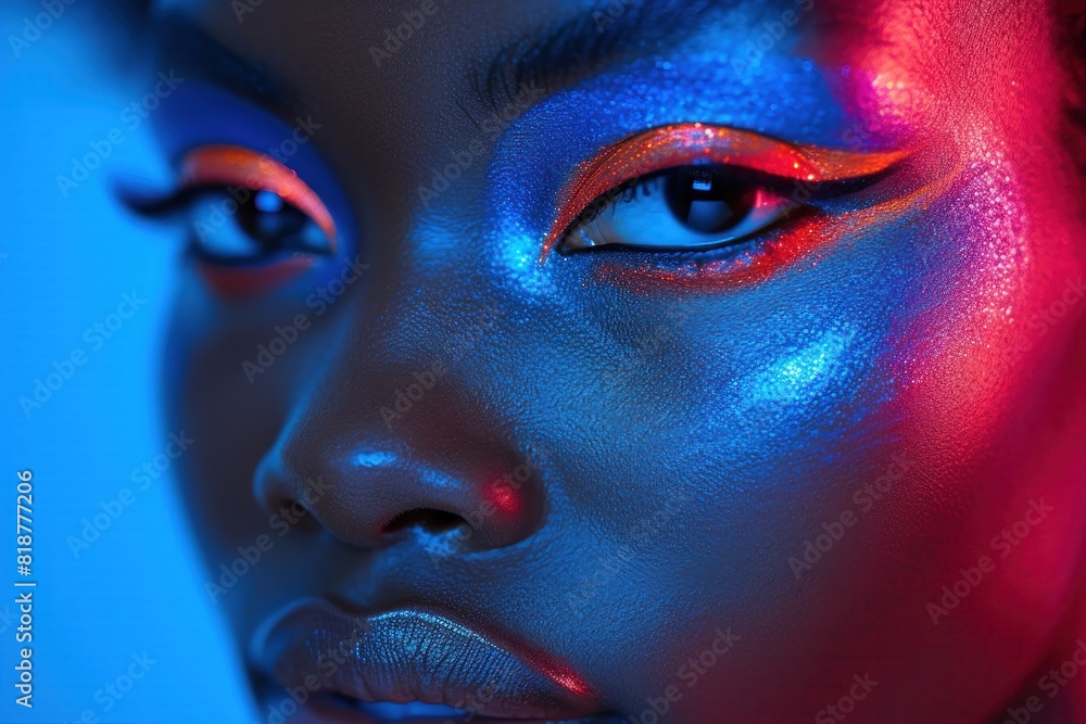 Close up of womans face with vibrant makeup