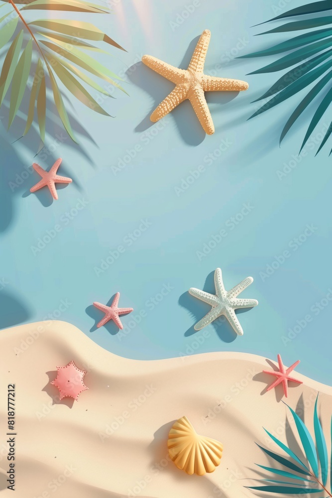 Starfish and Seashells on Sandy Beach with Palm Leaves - Perfect for Summer and Coastal Themes Starfish and Seashells on Sandy Beach with Palm Leaves - Perfect for Summer and Coastal Themes