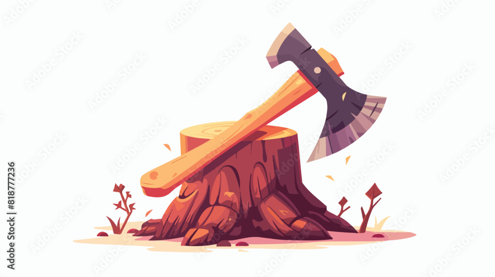 Axe in stump after tree cutting. Ax tool with sharp 