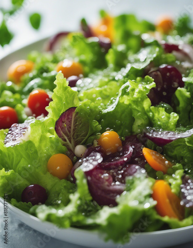 Fresh garden salad close-up, water droplets on lettuce and bright vegetables celebrating freshness 