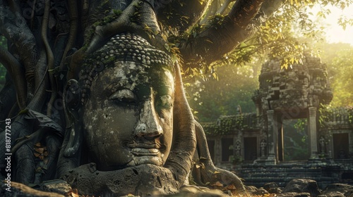 A large statue of Buddha is surrounded by trees and a small building photo