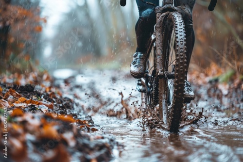 Croscountry mtb cyclist rides on a mud puddle trail