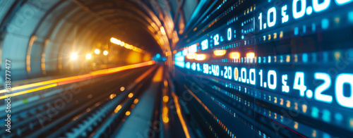 Blue numbers and glowing light lines on the right side of an abstract dark tunnel represent financial data analysis or stock market trading.