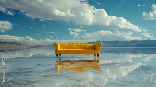 A yellow couch is sitting on a lake