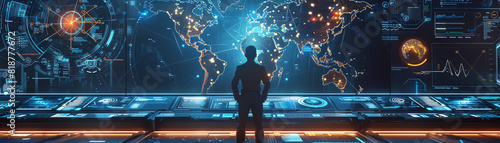 Futuristic tech hub with a central figure overlooking a high-tech control panel and a digital world map, symbolizing global connectivity.
