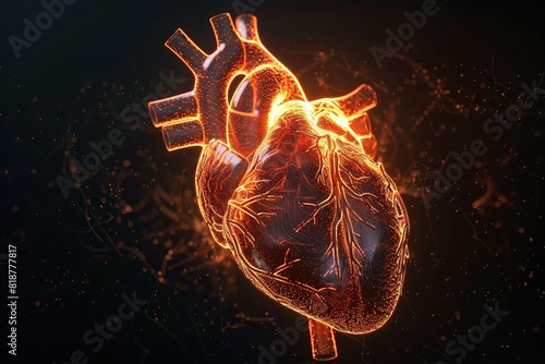 3D rendering of holographic human heart on dark background