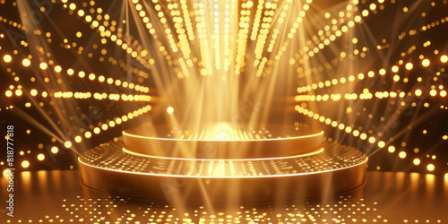 An abstract background of golden light rays illuminates a podium for an award ceremony or film festival presentation.