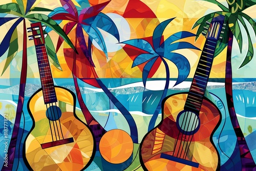 Bossa Nova Music: Smooth, breezy lines and soft, tropical colors representing the relaxed and rhythmic Brazilian style, with abstract guitars and beach scenes