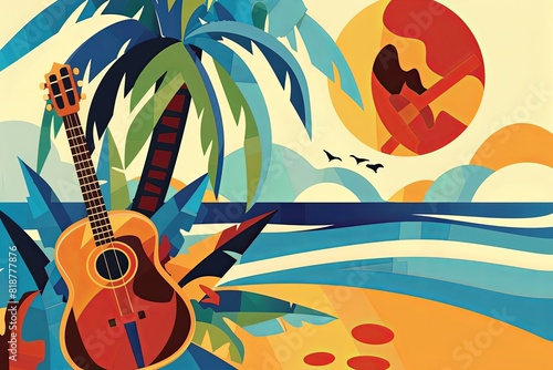 Bossa Nova Music: Smooth, breezy lines and soft, tropical colors representing the relaxed and rhythmic Brazilian style, with abstract guitars and beach scenes photo