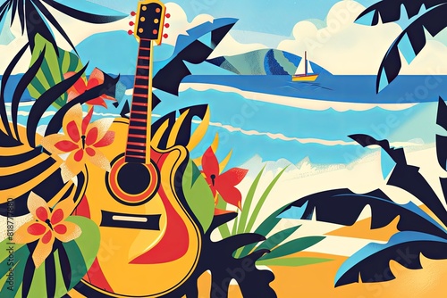 Bossa Nova Music: Smooth, breezy lines and soft, tropical colors representing the relaxed and rhythmic Brazilian style, with abstract guitars and beach scenes photo