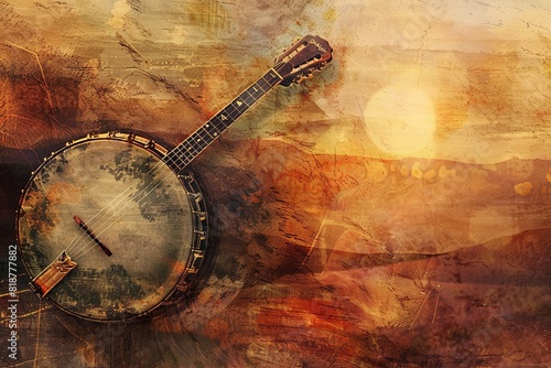 Bluegrass Music: Rustic, twangy textures and warm, organic colors representing the traditional and fast-paced rhythms, with abstract banjos and Appalachian mountains