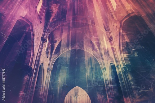 Gregorian Chant Music: Ethereal, serene shapes and muted, spiritual colors representing the ancient and harmonious melodies, with abstract cathedral arches and sacred symbols photo