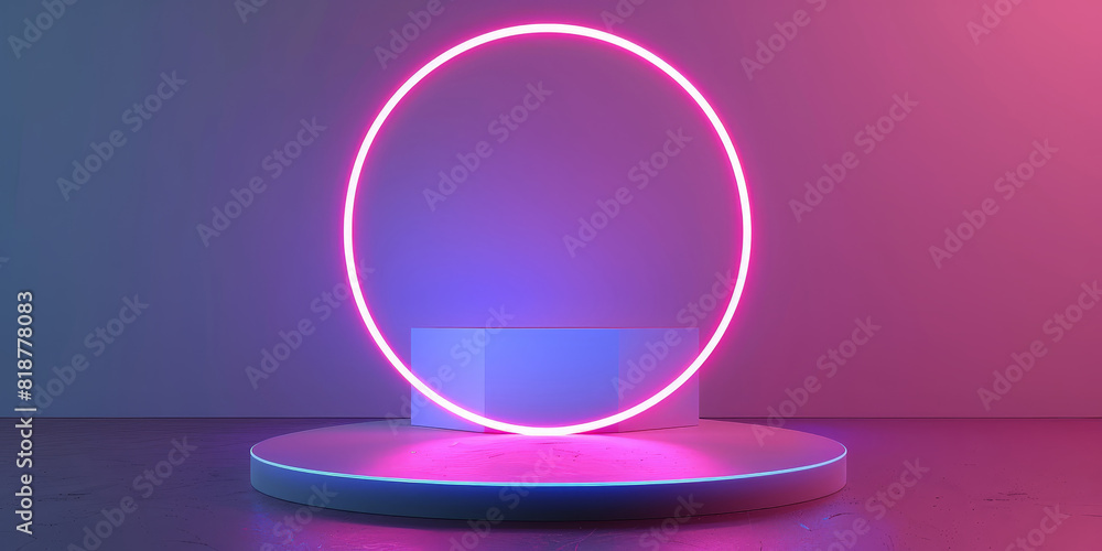 White podium with glowing neon circle on pastel background,pink podium White podium with glowing neon circle on pastel background,pink podium