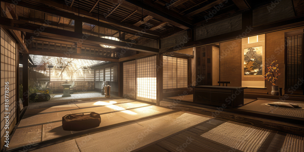 A room in an old house features wooden walls, dim lighting, traditional tatami mats on the floor, and a desk placed against one wall.