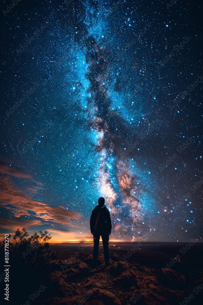 Fototapeta premium Man standing on hill under starry night sky