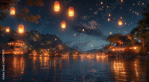A sky filled with floating lanterns illuminates the night sky over water, with the lanterns glowing, lighting up the sky. © Duka Mer