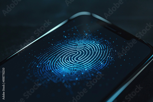 Modern mobile phone with biometric fingerprint on dark background