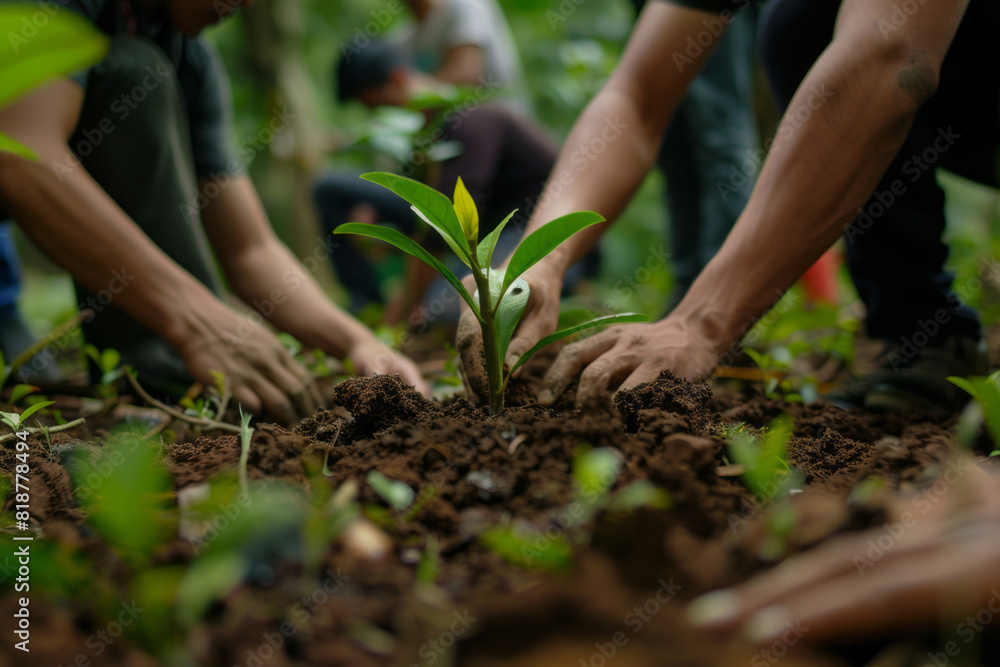 People are planting trees in the forest, focusing on one young tree surrounded by others and some being planted into the soil. People are planting trees in the forest, focusing on one young tree surrounded by others and some being planted into the soil.