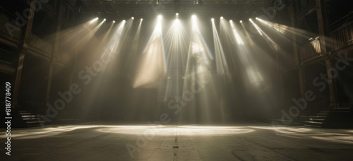 A large empty stage with spotlights shining down creates a dramatic and atmospheric effect.