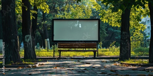  A bench in a park positioned in front of a large screen, possibly for advertising