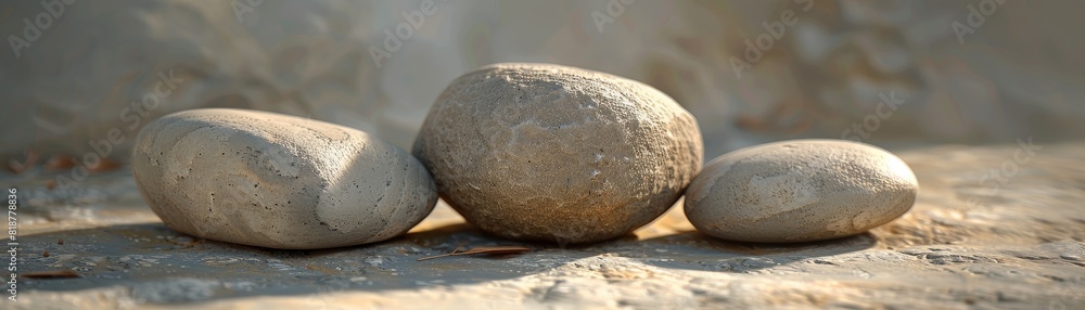 A minimalist shot of three smooth stones stacked against a soft grey background A minimalist shot of three smooth stones stacked against a soft grey background
