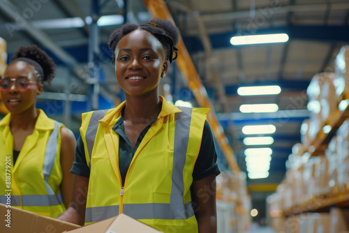 Two women wearing safety vests stand in a warehouse. One of them is holding a box. Scene is cheerful and positive