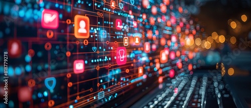 Abstract representation of digital networking concepts and data transfer on a colorful, futuristic interface with keyboard.