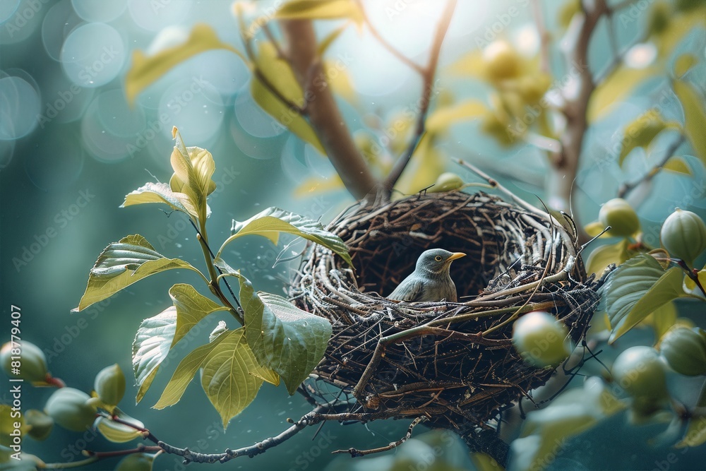 Closeup of a bird nest with a baby bird perched inside, surrounded by lush foliage and basking in natural light. Closeup of a bird nest with a baby bird perched inside, surrounded by lush foliage and basking in natural light.