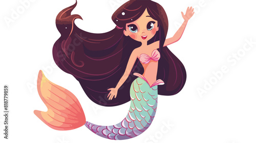 Beautiful brunette mermaid with long hair and fish ta