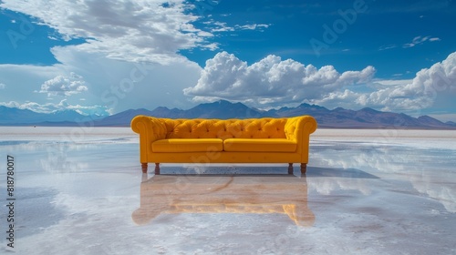 A yellow couch is sitting on a lake
