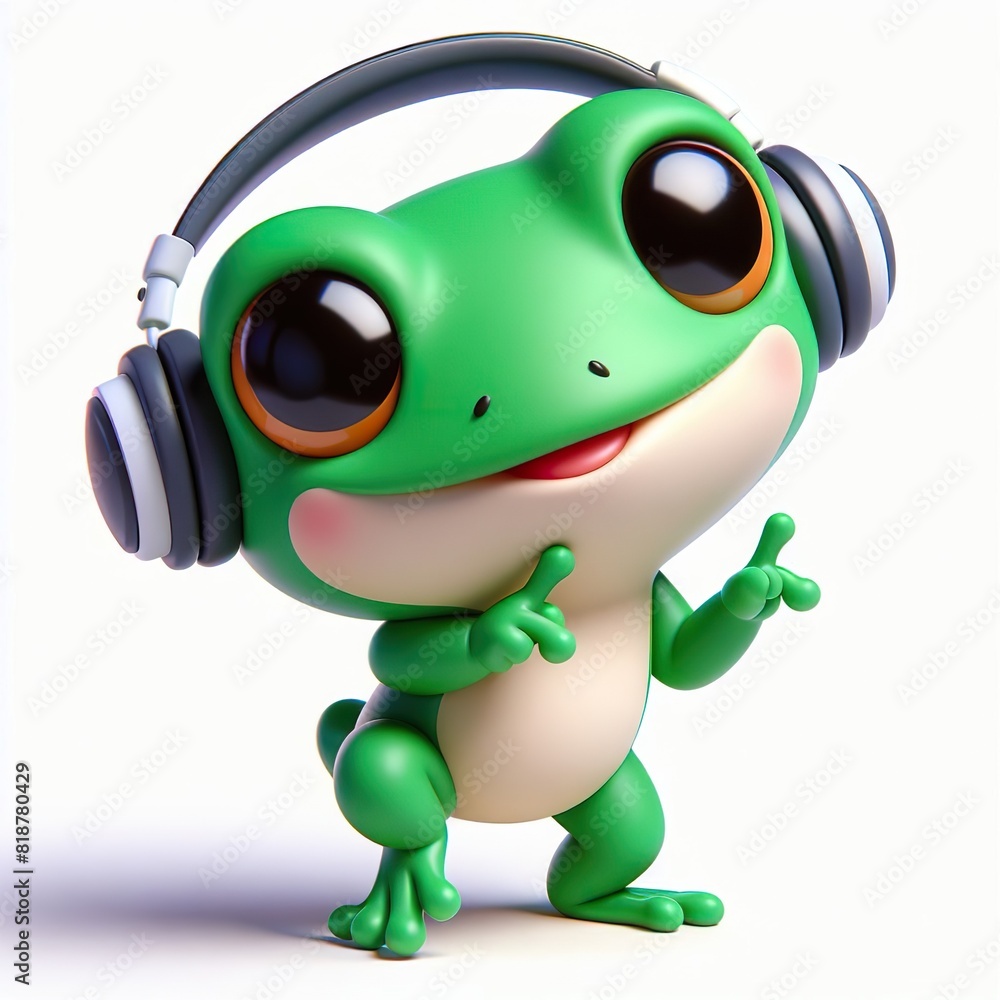 cute 3D funny cartoon a frog with small wireless headphone on head smiling and dancing, white background cute 3D funny cartoon a frog with small wireless headphone on head smiling and dancing, white background