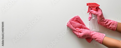 Hands of a woman in pink rubber gloves, holding a spray bottle and cloth, prepared for house cleaning, isolated on a white background with copy space