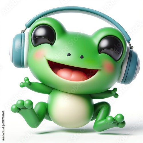 cute 3D funny cartoon a frog with small wireless headphone on head smiling and dancing, white background