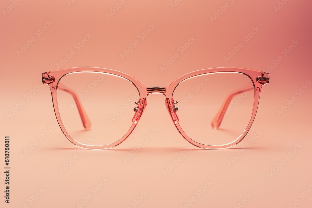 A pair of clear lens glasses set against a soft beige background in a simple shot A pair of clear lens glasses set against a soft beige background in a simple shot