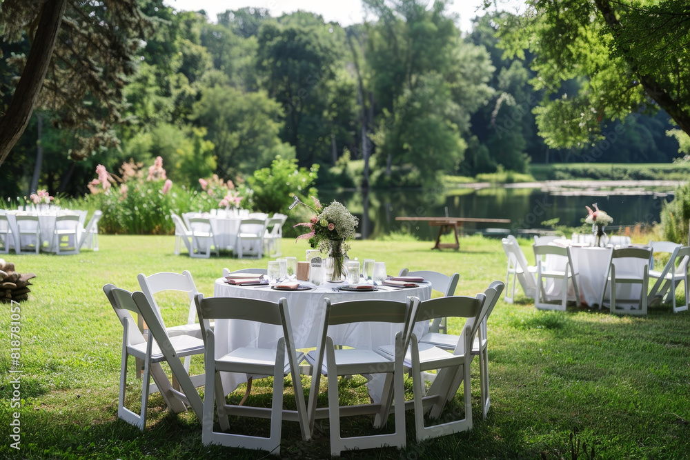 A large outdoor party with a lot of white chairs and tables. The tables are set up in a circle and there are vases with flowers on them