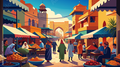 Bustling Eastern Market Street Scene with Colorful Stalls and Shoppers