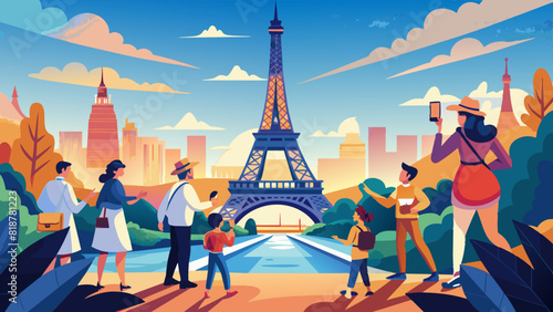Vibrant Illustration of Tourists Enjoying Sightseeing Near Eiffel Tower