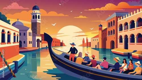 Picturesque Venetian Sunset with Gondolier and Tourists