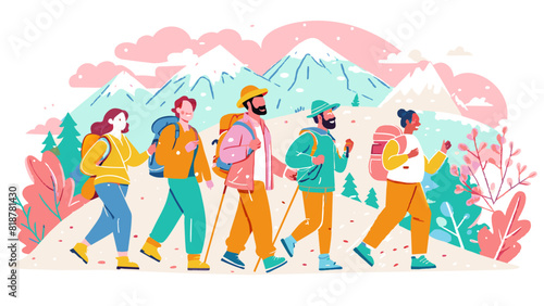 Group of Friends Enjoying a Hiking Adventure in the Mountains